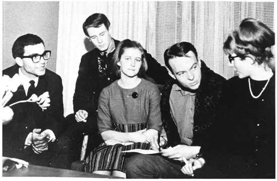 The Odin Teatret during one of its tours for its first performance, Ornitofilene, 1965. From the left: Eugenio Barba, Torgeir Wethal, Anne Trine Grimnes, Tor Sannum, Else Marie Laukvik. Photographic Fonds, Paper Series, Subseries People, b. 4.