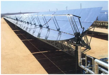 Figure 1.8: Solar thermal power station in California. The parabolic mirrors concentrate the sun's rays on the pipe to produce steam to generate electricity (Source: Solar Millennium AG, Erlarigen, D)