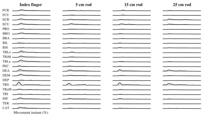 Figure 1. Example of reconstruction of muscle activation patterns during a pointing movement in a forward direction. Black lines represent the reconstruction by the combination of muscle synergies, whereas the grey areas represent the observed muscle activation patterns.