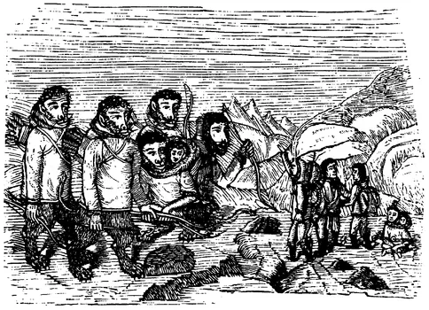 Eskimo engraving of the nineteenth century, one of a series illustrating traditional tales. It shows creatures, half-human and half-dog, who, like the perfect satirist, can kill merely by pointing their bows. From Riuk, Tales and Traditions of the Eskimo, a Danish work.