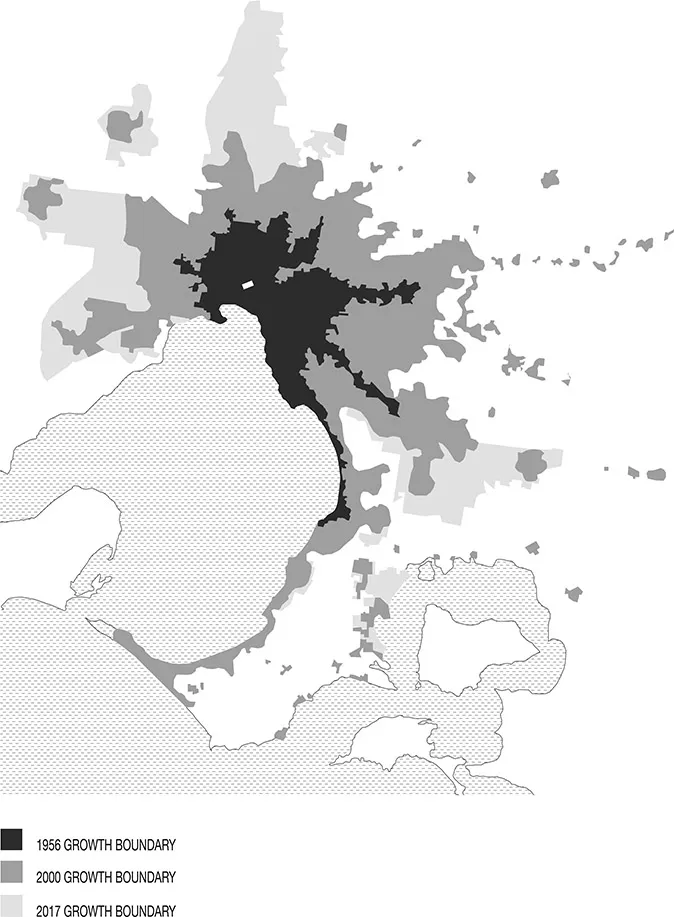 Figure 1.2 Melbourne City and Suburbs. Overall extent in relation to Port Phillip Bay and Central Business District, 1956, 2000 and 2017.