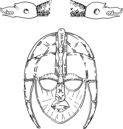 Figure 1. The Sutton Hoo helmet, front view. Detail, above: boar’s head eyebrows terminals. (After Bruce-Mitford, Sutton Hoo [n. 1 below], 35. The British Museum, London. This drawing first appeared as figure 7 in Glosecki, Shamanism and Old English Poetry [n. 6 below].)