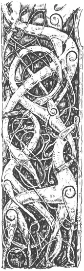 Figure 2. Urnes stave church, Sogn, Norway: carved portal panel. (After Walther Roggenkamp in Lindholm, Stave Churches [n. 5 below], pls. 26, 28.)
