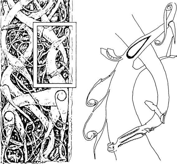 Figure. 4. Urnes carving, portal panel, detail. (After Roggenkamp in Lindholm, Stave Churches, pl. 29.)