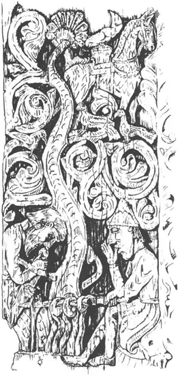 Figure 5. Sigurð and Regin, carved portal panel, stave church at Hylestad, Norway. (After Roggenkamp in Lindholm, pl. 47. Universitets Oldsaksamling, Oslo.)