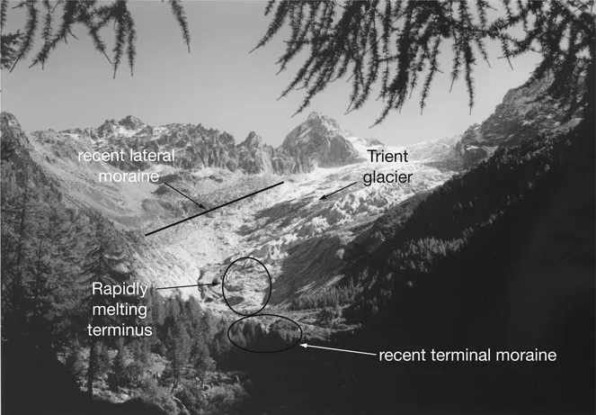 Figure 2: 
The Trient Glacier near Forclaz in the Valais region of southern Switzerland in 2000. Rapid retreat has occurred during the latter part of the twentieth century. (Photograph by A.B. Pittock.)