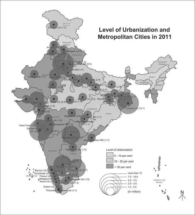 Figure 1.1 State-wise level of urbanization and growth of population of major metropolitan cities