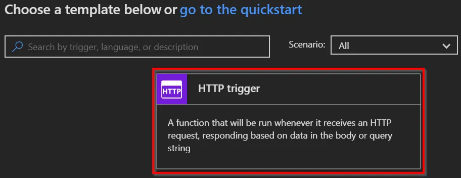 Choosing the HTTP Trigger template to create a new function