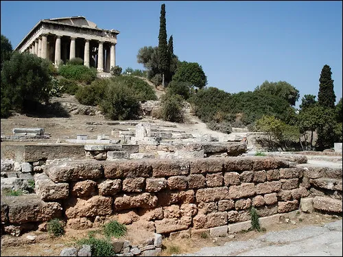 Photo depicts the Ancient Agora of Athens which is an early marketplace and the center of political, artistic, and athletic life.