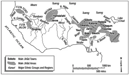 Four Fulbe Jihads. Contemporary Fulbe settlements reflect the histories of pastoralism, migration, and jihads. Drawing by Clifford Duplechin. Adapted from David Robinson's The Holy War of Umar Tal. Oxford: Clarendon, 1985.