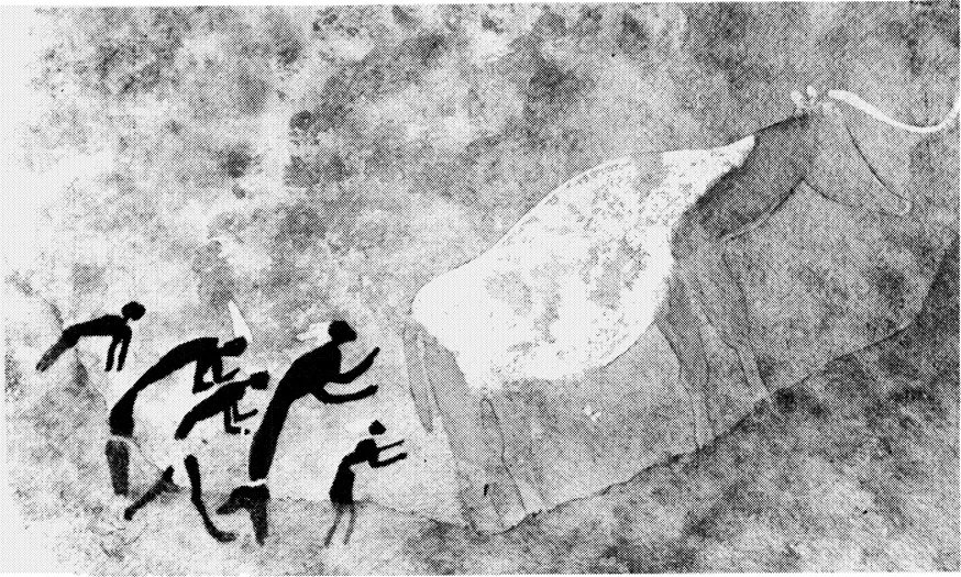 3. Human figures worshipping great cow. Saharan rock painting from Wadi Sora VI (Gilf Kebir), Libya, Cave E. Bovidian period, ca. 5000-1200 b.c. (Frobenius Institute).