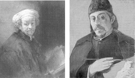 FIGURE 1.7 Rembrandt (left), Self-Portrait (1661). Rijksmuseum, Amsterdam; Gawgwzn (right), Self-Portrait with Palette (1893-1894). Private collection, Acquavella Galleries, New York.