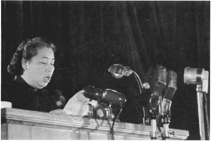 Hsu K'uang-P'in, vice president of the All-China Women's Federation (ACWF), speaking at a meeting in Moscow in November 1949, the year the ACWF was founded.