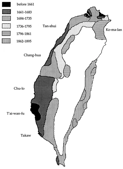 MAP 1.1 Settlement in the Ch'ing Dynasty
Source: Ts'ao 1954: 81; Chang Ch'i-yün 1962: B43; Shepherdl993:175.