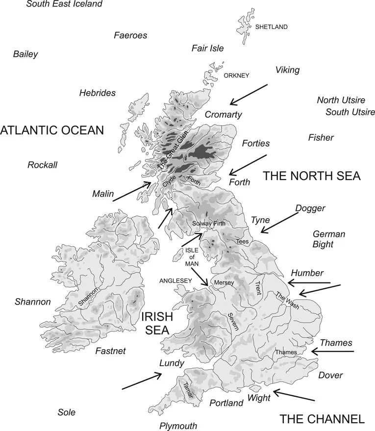 Figure 1.1 Britain and its neighbours with the location of sea areas (in italics), showing main rivers and principal points of entry.