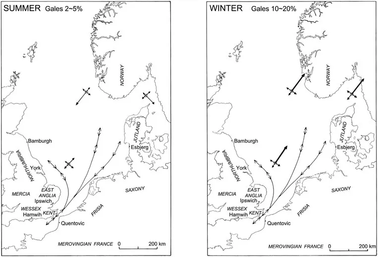 Figure 1.2 Tide and currents (narrow lines) and seasonal prevailing winds in the North Sea.