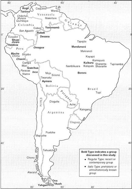 FIGURE 1.1 Map of South America showing modern political boundaries and the location of selected indigenous groups past and present.