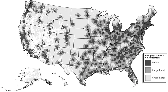 FIGURE 1.1 Urban and rural distribution.
Source: Adapted from US Department of Health and Human Services, Health Resources and Services Administration, Maternal and Child Health Bureau. The National Survey of Children's Health 2007. Rockville, Maryland; US Department of Health and Human Services, 2011. Data from WWAMI Rural Health Research Center, 2006 ZIP Version 2.0 Codes, http://mchb.hrsa.gov/nsch/07rural/introduction.html.