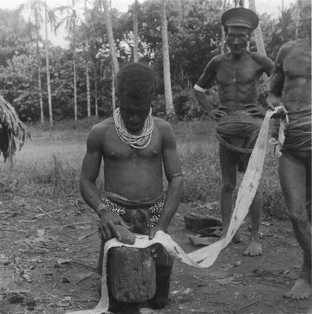 Figure 1.2. Man kneeling on ground beating barkcloth with stone barkcloth beater over wooden block (Pitt Rivers Museum, University of Oxford)