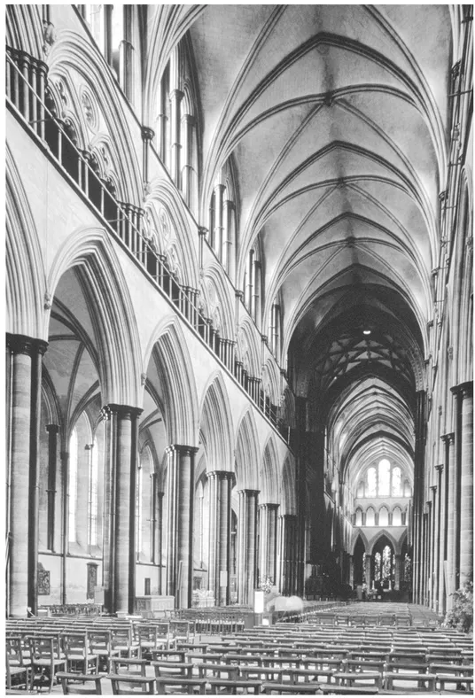 1.12. Salisbury Cathedral nave, Salisbury, England, 1220–1266, Interior, nave. The repeated bays and strong horizontal layering draw the eye strongly along the axis, illustrating directional space. Photo: Anthony Scibilia/Art Resource, NY.