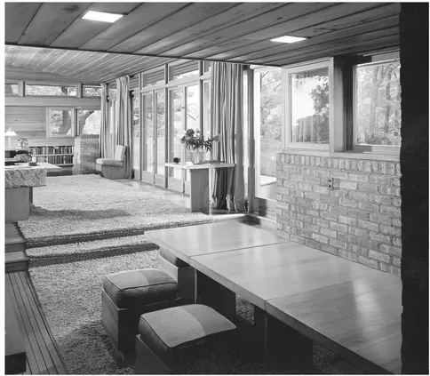 1.3. Lloyd Lewis House. View of the living room, looking toward the screen of French doors; from this direction, a person’s view can pass into the countryside, into a large perceptual space. Photo by Hedrich Blessing. Chicago History Museum, negative HB-06485I.