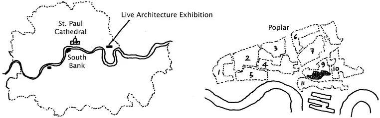 Figure 10.1 The Live Architecture Exhibition in black hatch, located in the wider Lansbury Regeneration Area. Author’s sketch.