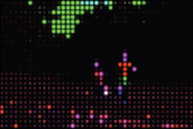 
Figure 1.2
 Applying an effect called Brush Strokes, we create this 60’s sci-fi master computer out of video footage of children playing.