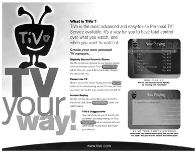Figure 1.1. TiVo: One of several time-shifting digital videorecorder systems that upset traditional television industry practices and reconfigure television flow for consumer use. ©TiVo.