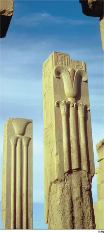 1.14 ›1.14 KARNAK, GREAT TEMPLE OF AMUN: pillars in the Hall of Annals of Thutmosis III (1479–1425). The stylized lotus and papyrus represent Upper and Lower Egypt respectively.