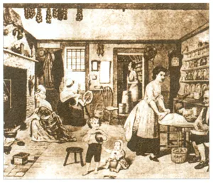 In this colonial kitchen, several women (and one elderly man) go about a variety of household tasks: spinning, pie-making, grilling, churning, and keeping an eye on the children.