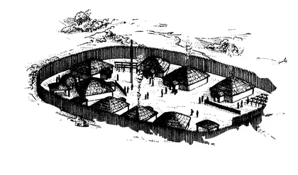 This drawing suggests what an Indian village in North Carolina might have looked like, several hundred years before the European settlers began to arrive.