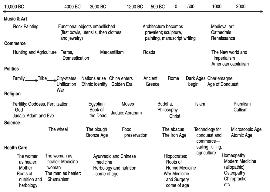 FIGURE 1.1. The history of health care graphically shown with overlapping occurrences in science, religion, politics commerce, and music/art.