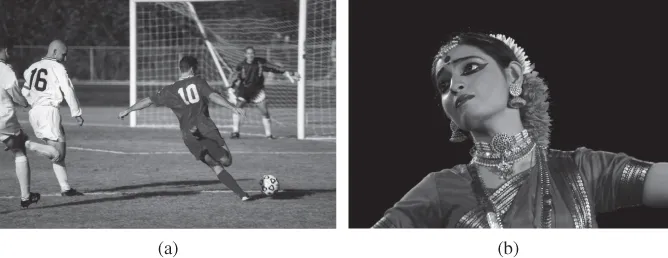 Photographs depicting hard challenges for computer vision. (Left) “The offensive player … is about to shoot the ball at the goal …”. (Right) A facial expression in Bharatnatyam dance.