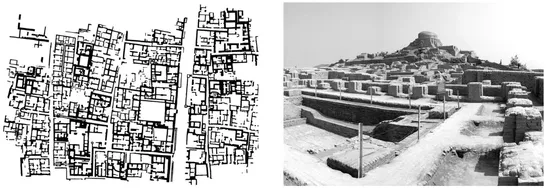 Figure 1.1 - Ancient India: (left) excavated plan of Lower Town in the city of Mohenjo-Daro founded circa 2,500 BC in modern day Pakistan (Image: © 2017, Trustees of the British Museum); and, (right) excavated remains at the Mohenjo-Daro UNESCO World Heritage Site.
