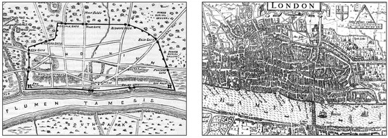 Figure 1.2 - The Transformation of London: (left) Roman London after 62 AD (various sources are cited for the creation of this plan but it should be considered illustrative and not factual); and, (right) Norden's 1593 map of the City of London.