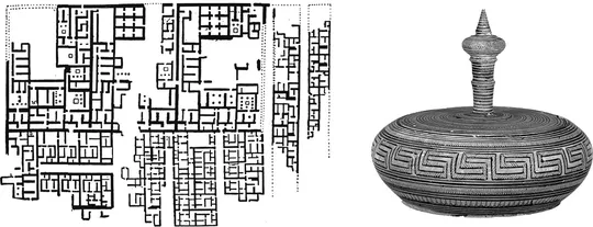 Figure 1.3 - (left) Orthogonal layout in the city of Kahun during the 12th Dynasty of the Middle Kingdom in Ancient Egypt circa 1,900 BC; and, (right) Geometric Period Greek Pyxis (box with lid) in terracotta, mid-8th century BC.