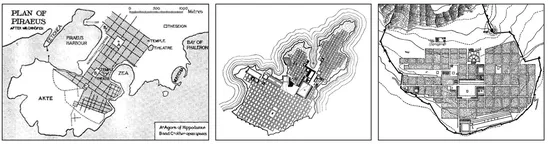 Figure 1.4 - Greek Town Planning: (left) speculative illustration of Hippodamus' plan for the Athenian port town of Piraeus; (middle) Hippodamian orthogonal grid in Miletus (Miletos) on the western Aegean coast of Anatolia (modern day Turkey) circa 479 BC; and, (right) orthogonal grid in the Alexandrian city of Priene on the western Aegean coast of Anatolia (modern day Turkey) circa 323 BC.