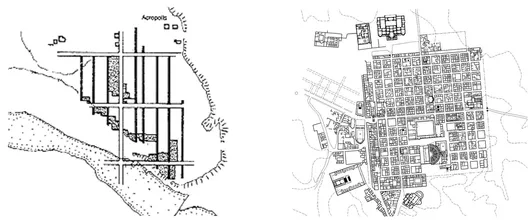 Figure 1.5 - Town Planning in Ancient Italy: (left) 6th century Etruscan town plan of Marzabotto in the Po Valley of Northern Italy; and, (right) town plan of Timgad (Thamugadi) founded in North Africa during the reign of Trajan around 100 AD.