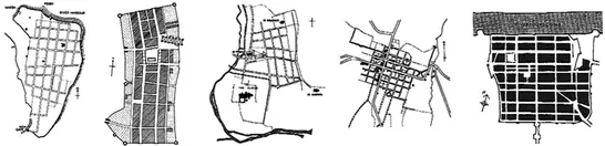 Figure 1.6 - Medieval planned towns: (from left to right) New Winchelsea, Sussex, England; Beaumont de Périgord, France; New Salisbury, Wiltshire, England; Ste. Foy la Grande, Gironde, France; and, St. Denis, Aude, France.