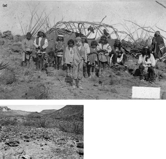 FIGURES 1.4 Geronimo’s wickiup (a), and prehistoric stances left by shelters of the kind in the same terrain (b) (Arizona Historical Society).