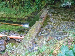 Figure 1.1 2 kW micro hydro intake showing small reservoir, intake and penstock (pipe taking water to turbine lower down the stream’s course)