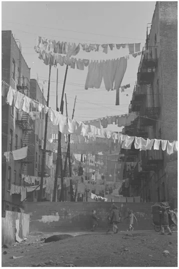FIGURE 1.8 An early example of urban decay photography. An avenue of clothes washings between 138th and 139th Street apartments, just east of St. Anne’s Avenue, Bronx, New York, by Russell Lee, circa 1936. Library of Congress, Prints and Photographs Division, US Farm Security Administration