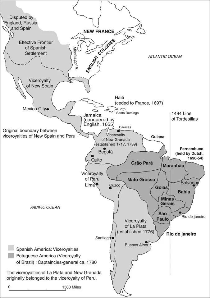 Map 2 Colonial Latin America, Political Organization. From Burkholder & Johnson, Colonial Latin America, 4th edition (2001), Map 4, p. 257. By permission of Oxford University Press, USA.