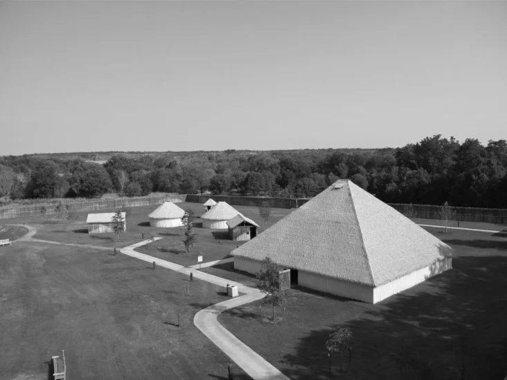 Figure 1.1 Chickasaw Cultural Center Traditional Village replica structures; view is west. Photograph by LeAnne Howe.