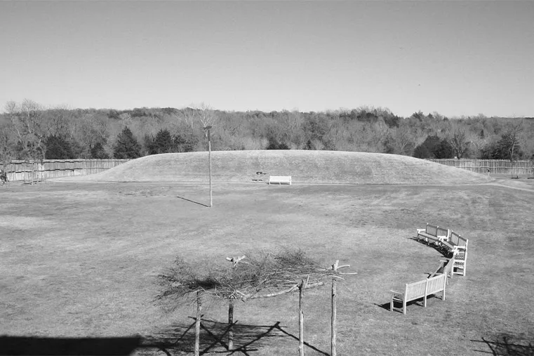 Figure 1.2 Chickasaw Cultural Center Platform Mound in background, Plaza in foreground; view is west. Photograph by Jim Wilson.