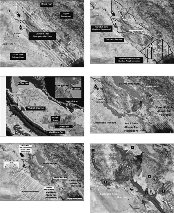 Figure 1.1 (a) The Mesopotamian Zone geosyncline (white hachure) forms where the Arabian plate is forced below the Zagros Mountains. Image: NASA 2001b MODIS. (b) Mesopotamian Zone tectonic subunits. Arrows, hachure indicate tilt direction. (c) Mesopotamian alluvial topology, showing sharp drop to the unstable shelf, and southeast trend tilted toward the Zagros from L. Tharthar to the Gulf. The Wadi al-Khar’s alluvial fan tends to push Euphrates water eastward. Fresh water ponds behind, and tidal flushing extends inland to the Zubair sill (black bar). Manually retouched mosaic of NIMA DTED0 1° quadrangles, with ENVITM 3.5 linear stretch (16:243) applied. (d) Boundary uplands. (e) The Shatt al-Arab deltaic system. After Verhoeven 1998, Sanlaville 2003. (f) Contemporary (1) Levees, (2) Crevasse splays, (3) Alluvial soils, (4) Bird’s foot delta. Box: see Figure 1.2a.