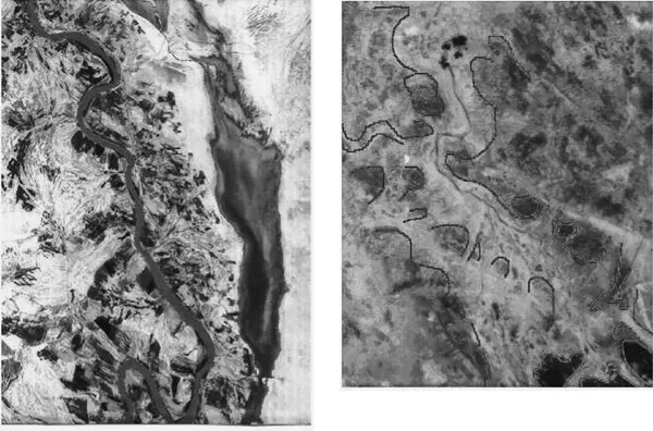 Figure 1.2 (a) Tigris south of Amara (Qalat Salih-al-Azair). The cultivated agricultural zone extends outward from the water channel along the levee system. Excess water drains through light-colored tails of smaller canal levees into seasonal back swamps visible as silty, dark grey bodies. Only two centuries ago these rice fields were year-round marshlands (Westphal-Hellbusch and Westphal 1962: 39–40). (b) Outlines demarcate relict levee between sites WS375 and WS400. Better-consolidated levee soils are less waterlogged, and hence appear lighter in color.