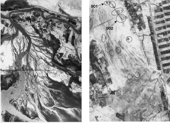 Figure 1.2 (a) Tigris south of Amara (Qalat Salih-al-Azair). The cultivated agricultural zone extends outward from the water channel along the levee system. Excess water drains through light-colored tails of smaller canal levees into seasonal back swamps visible as silty, dark grey bodies. Only two centuries ago these rice fields were year-round marshlands (Westphal-Hellbusch and Westphal 1962: 39–40). (b) Outlines demarcate relict levee between sites WS375 and WS400. Better-consolidated levee soils are less waterlogged, and hence appear lighter in color.