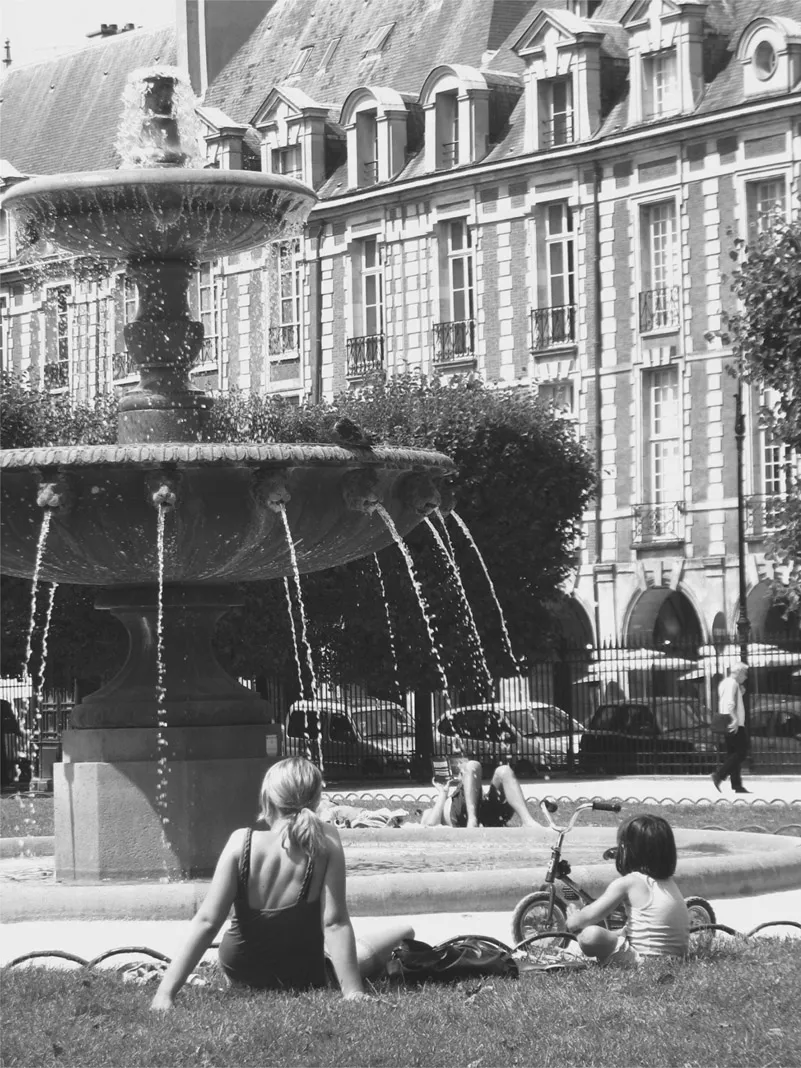 Plate 2 The Place des Vosges in Paris, France is the oldest fully designed square in the city. Constructed under Henri IV in the early seventeenth century as a royal palace in the Marais District, the square has become the prototype for the traditional European residential square. The square’s design is remarkably simple: a uniform four-story arcaded perimeter wall, a fenced public realm space, a symmetrical park, an equestrian statue and bosque of lindens at the center, alleés of clipped linden trees forming a secondary enclosure, plenty of bench seating and lawn space, and fountains at each of the four corners. Today the Place des Vosges has become an important and imageable part of Paris’ public realm; attracting both young and old – lunchtime visitors and weekend picnics – lovers and people watchers. (Photo: E. Macdonald)