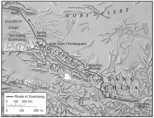 MAP 1.1 Itinerary of Xuanzang on the Silk Road in China (from Chang'an to Hami) (Philip Schwartzberg, Meridian Mapping)